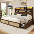King Size Rattan Bed Frame with 4 Storage Drawers and Hidden Storage Headboard Wooden Platform Bed Frame with LED Lights and Charging Station, No Box Spring Needed, Easy Assembly, Brown