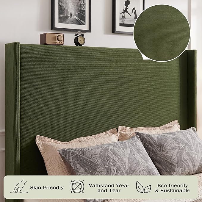 Queen Bed Frame with 63" Tall Headboard, Horizontal Fine Corduroy Bed Frame with Wingback, Upholstered Platform Bed, Vintage Solid Wood Gourd Legs, No Box Spring Needed, Green