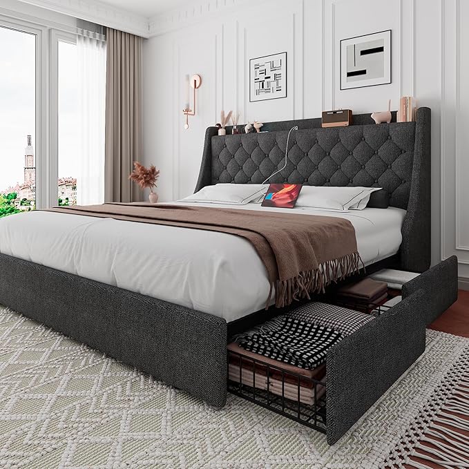 iPormis King Size Bed Frame with 4 Storage Drawers, Upholstered Platform Bed Frame with Type-C & USB Ports, Wingback Storage Headboard, Solid Wood Slats, No Box Spring Needed, Dark Gray