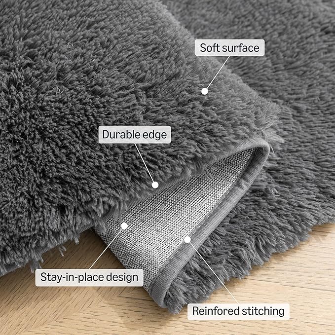 Amazon Basics Fluffy Washable Round Area Rug, Circle Shaggy Carpet for Living Room, Bedroom, Nursery, 8'R, Dark Gray