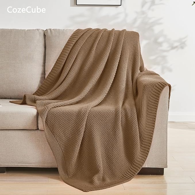 CozeCube Caramel Brown Throw Blanket for Couch, Soft Cozy Cable Knit Throw for Bed Sofa Living Room, Lightweight Warm Decorative Farmhouse Christmas Blanket, 60"x80", Light Brown