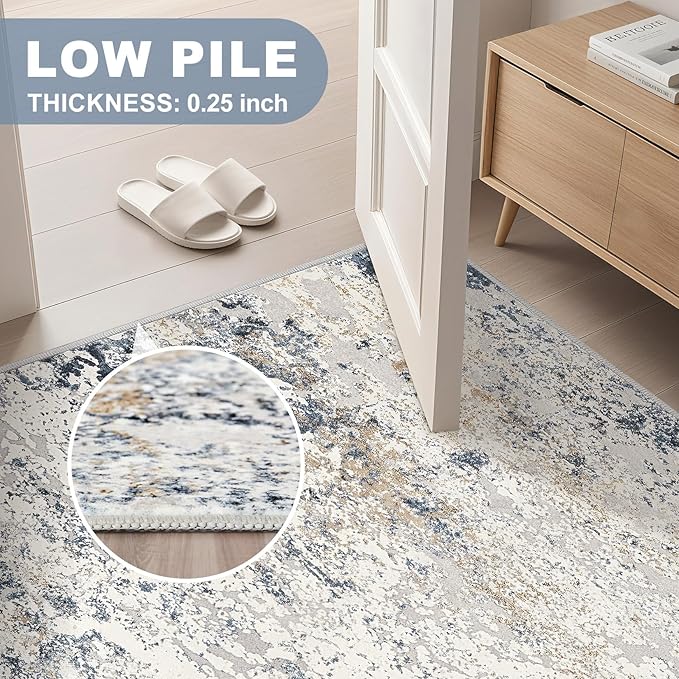 Washable Runner Rug for Hallway: 2.6x12 Neutral Modern Abstract Low Pile Area Rug with Non-Slip Backing - Carpet for Bedroom Kitchen Laundry Entryway Bathroom Indoor - Beige Blue