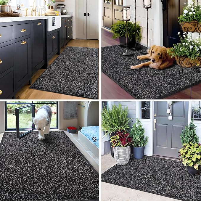 Mibao Front Door Mat, Dirt Trapper Welcome Mat for Outdoor Indoor, Non-Slip Waterproof Doormat, Durable Machine Washable Low Profile Entry Rug for Back Door Outside Patio Porch, 32" x 20", Black