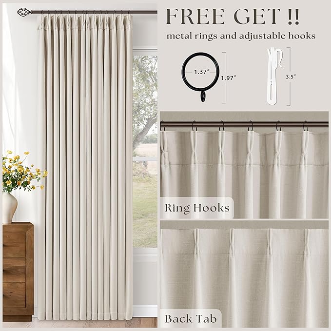 Pleated Cream Ivory 86 Inch Blackout Curtains for Living Dining Room 2 Panels Set Boho Farmhouse Pinch Pleat Natural Linen Black Out Bedroom Curtains Thermal Insulated Room Darkening 2 Layer Design