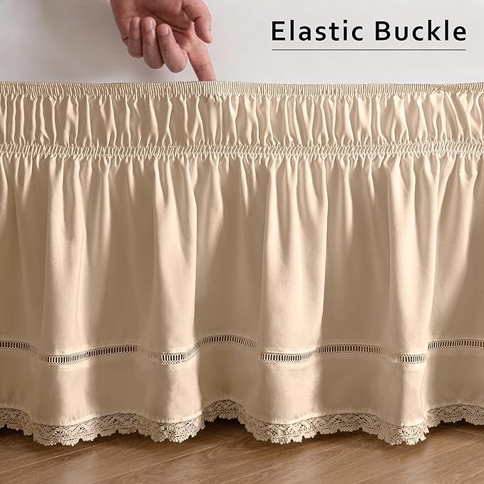 MIYE Wrap Around Ruffled Lace Bed Skirt, Elastic Dust Ruffle with Adjustable Belts, Easy to Put On, Bed Frame Cover, Machine Washable (Floral Lace/Beige, King/Queen-18 Drop)