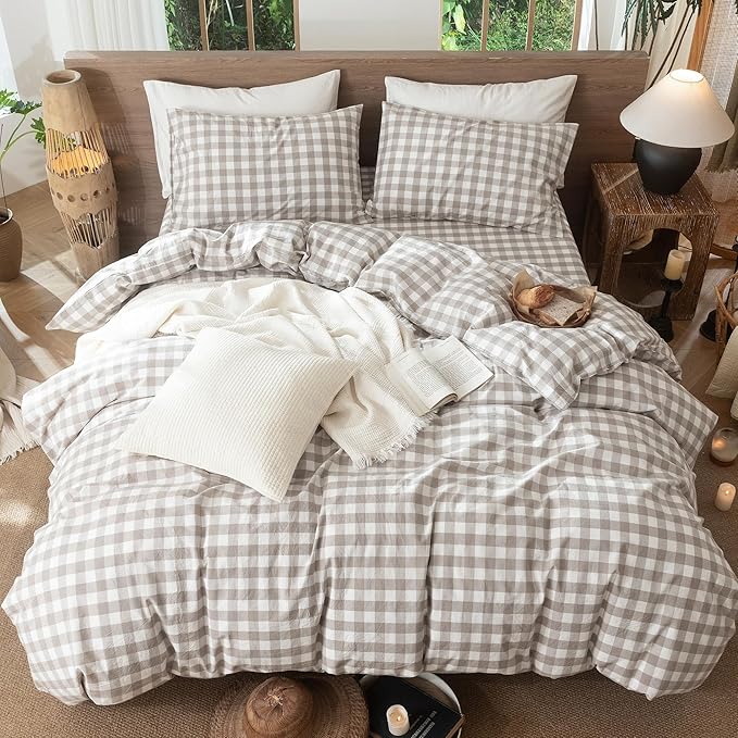 MooMee Gingham Duvet Cover Set 100% Washed Cotton Linen Like Textured Breathable Durable Soft Comfy Modern Checkered Design (Buffalo Plaid Tannish Linen Grey, King 104"x90")