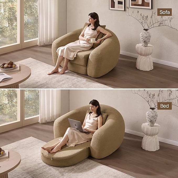 SICOTAS Curved Sofa Couch Bed for Living Room Convertible Futon Cloud Boneless Sleeper Chair Pull Out Floor Couch with Deep Seat Sofa Set Foam No Assembly Required for Bedroom Apartment Office, Brown