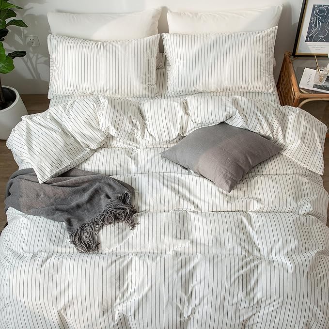 MooMee Striped Duvet Cover Set 100% Washed Cotton Linen Like Textured Breathable Durable Soft Comfy (White Dark Grey Wide Stripes, Oversized Queen 98"x98")