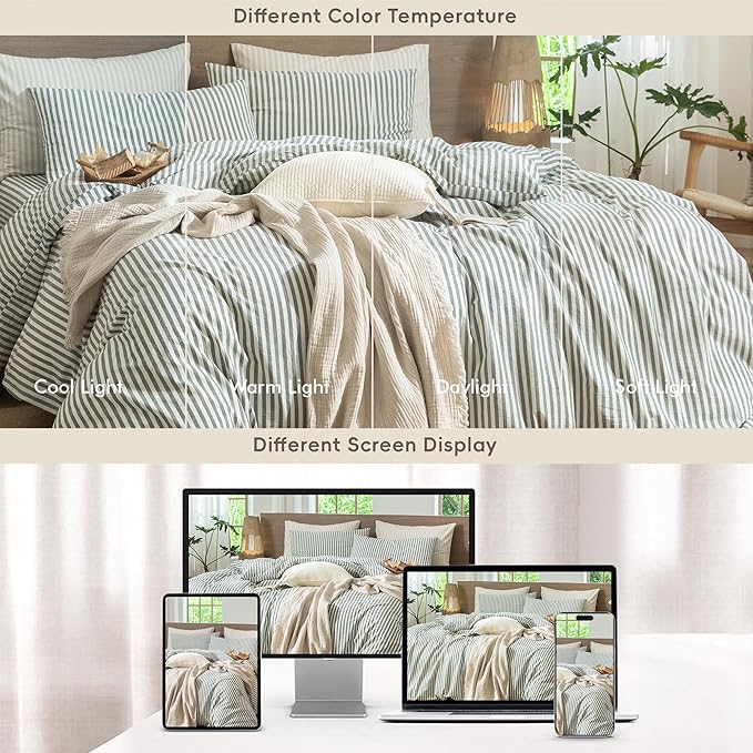 MooMee Striped Duvet Cover Set 100% Washed Cotton Linen Like Textured Breathable Durable Soft Comfy (Heathered Green Classic Stripes, Alaska King 132"x120")