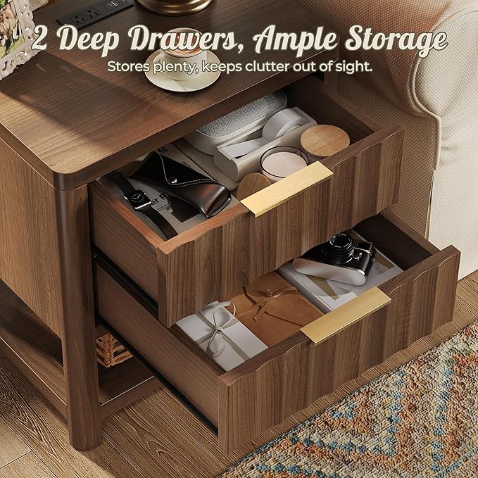 Huuger 27.6 Inch Tall Night Stands with Charger Station, USB-C Port, Fluted Nightstand Set of 2, Larger Wider Bed Side Table with 2 Deep Drawers, Open Shelf, Bedroom Living Room End Table, Walnut