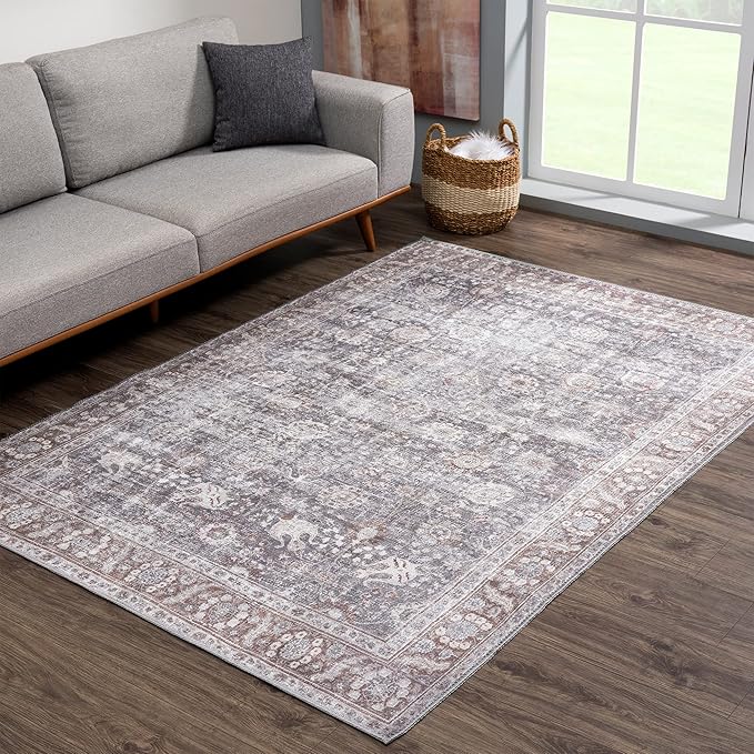Bloom Rugs Washable 5' x 7' Rug - Brown/Dark Gray Traditional Area Rug for Living Room, Bedroom, Dining Room, and Kitchen - Exact Size: 5' x 7'