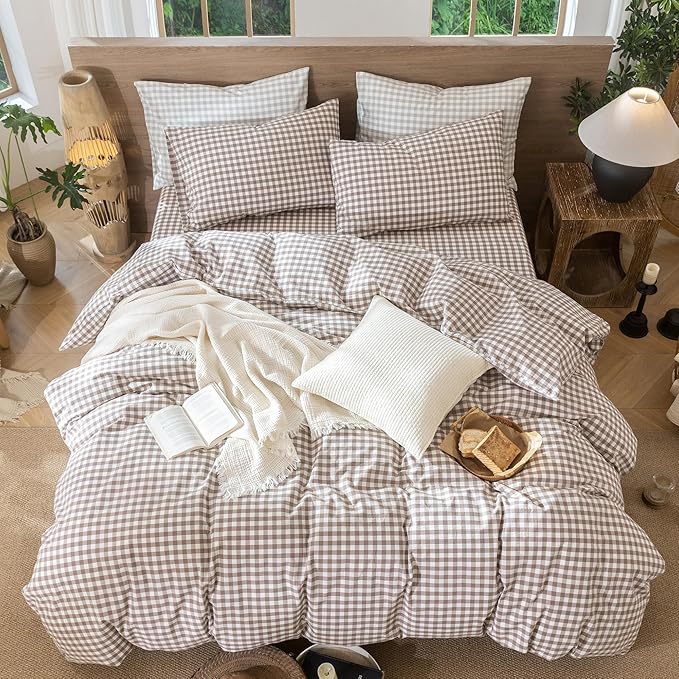 MooMee Gingham Duvet Cover Set 100% Washed Cotton Linen Like Textured Breathable Durable Soft Comfy Modern Checkered Design (Brown Gingham, Full 80"x90")
