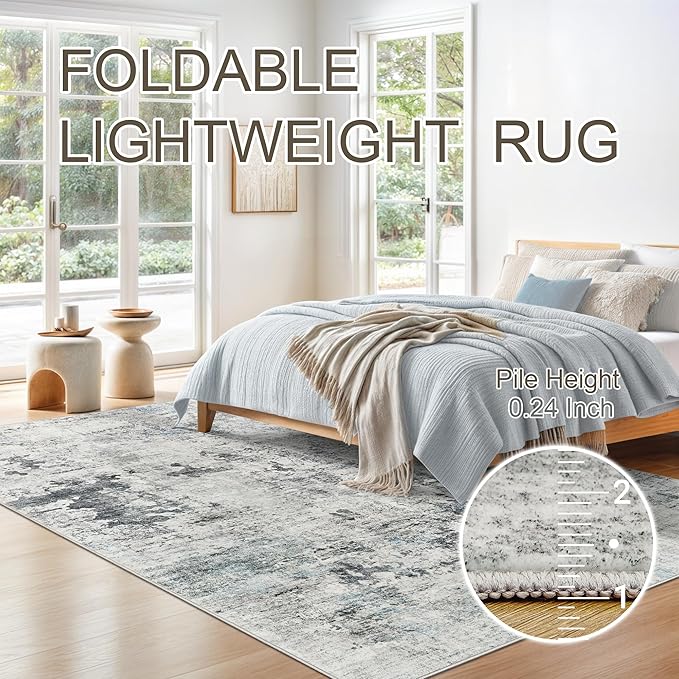 Abstract Rug 5x7 Machine Washable Area Indoor Grey Low Pile Non-Slip Foldable Thin Accent Rugs for Bedroom Living Room Dining Room