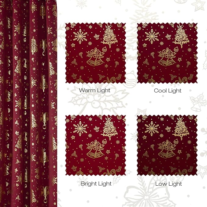NICETOWN 2 Christmas Red Curtains 52 x 90 Inch, Gold Stamping Grommet Drapes, Holiday Style Window Treatment Panels for Living Room Bedroom Decoration, Festive Christmas Decor