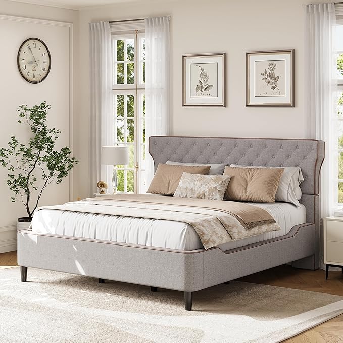 Christopher Knight Home Salus Linen Upholstered Queen Size Bed Frame with Headboard, Modern Queen Bed Frame and Headboard, Wooden Slats Support, Easy Assembly, No Box Spring Needed, Grey