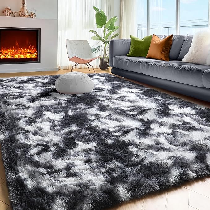 PAGISOFE Black White Rugs for Living Room 6x9, Shag Fuzzy Fluffy Washable Rugs for Bedroom Kids Room Playroom Dorm Shaggy Soft Carpet for Home Decor Aesthetic Plush Bedside Rug Modern Grey Rug