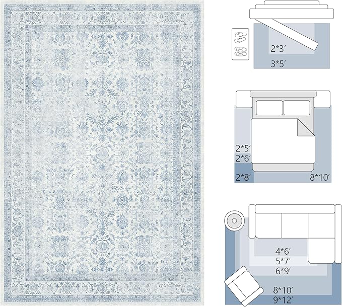 FMFUNCTEX 2x6 Runner Rug Blue Vintage Neutral Washable Distressed Non Slip Low Pile Indoor Carpet Soft Retro Floral Hallway Entryway Rug for Kitchen Living Room Bedroom Bathroom Laundry Entry Bedside