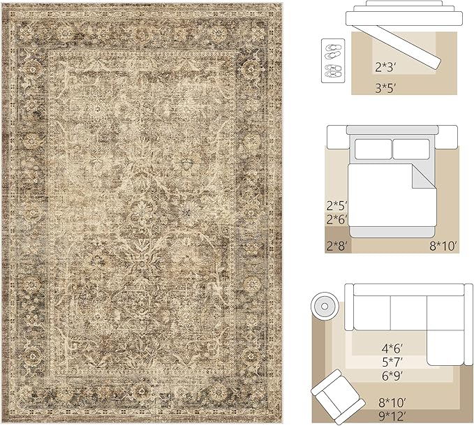 FMFUNCTEX Entryway Rug 2x3 Washable Brown Vintage Distressed Door Mat Non Slip Low Pile Indoor Carpet Soft Retro Floral Small Throw Area Rugs for Entry Way Entrance Bedroom Kitchen Bathroom Laundry