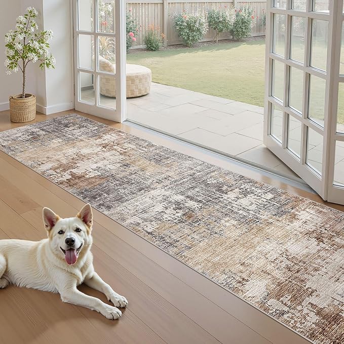 Washable Runner Rug for Hallway: 2.6x12 Neutral Modern Abstract Low Pile Area Rug with Non-Slip Backing - Carpet for Bedroom Kitchen Laundry Entryway Bathroom Indoor - Grey Brown