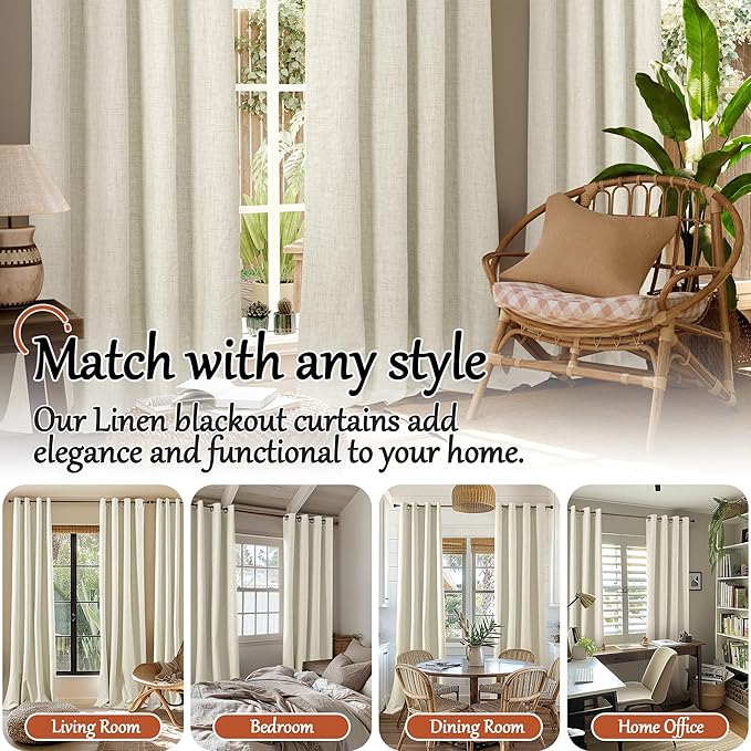 100% Blackout Curtains for Bedroom 63 Inch Length 2 Panels, Thermal Insulated Complete Light Blocking Noise Reducing Linen Window Curtains for Nursery, Bronze Grommet, Each 52" Wide, Natural