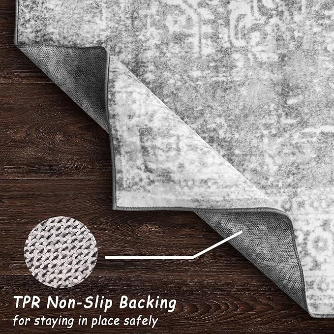 vivorug 8x10 Neutral Area Rugs, Stain Resistant Washable Rug for Living Room, Vintage-Inspired (Ivory/Silver, 8'x10')