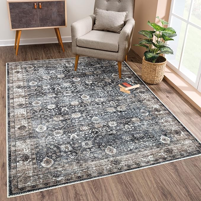 Bloom Rugs Washable Non-Slip 2' x 3' Rug - Black/Brown Traditional Oriental Area Rug for Living Room, Bedroom, Dining Room, and Kitchen - Exact Size: 2' x 3'