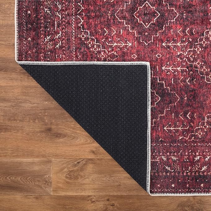 Bloom Rugs Washable Non-Slip 7 ft Runner - Dark Red Traditional Bordered Runner for Entryway, Hallway, Bathroom, and Kitchen - Exact Size: 2.5' x 7'