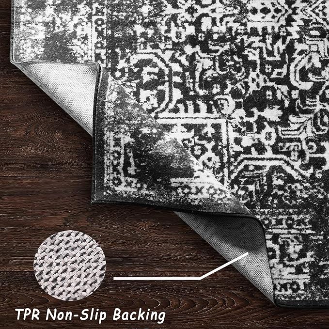 vivorug 6x9 Area Rugs, Stain Resistant Washable Rug for Living Room, Vintage-Inspired Black and White Rug