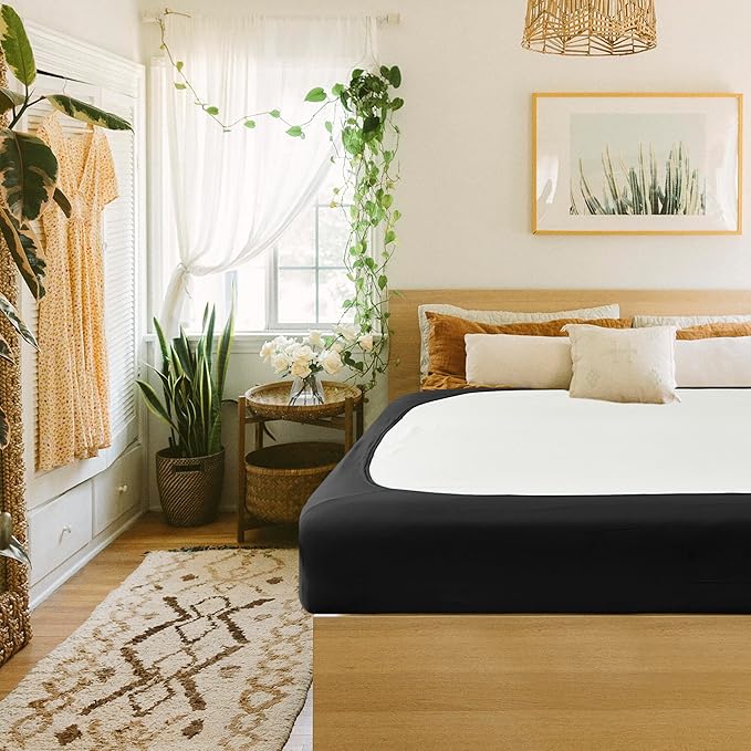 Biscaynebay Decorative Box Spring Cover Full & Full XL Size, Black Luxurious Jersey Knitting Stretchy Wrap Around 4 Sides Bed Skirt for Home/Hotels, Easy Fit Wrinkle Free Machine Washable