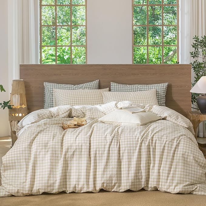 MooMee Gingham Duvet Cover Set 100% Washed Cotton Linen Like Textured Breathable Durable Soft Comfy Modern Checkered Design (Almond Milk Grey Gingham, Oversized Queen 98"x98")