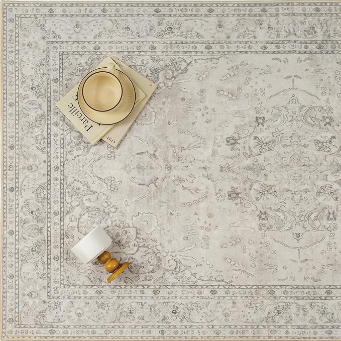 Beige 6x9 Area Rug Washable Vintage Carpet for Living Room Bedroom Large Soft Retro Floral Low Pile Thin Indoor Rug Non Slip Central Medallion Floor Cover for Dining Room Office