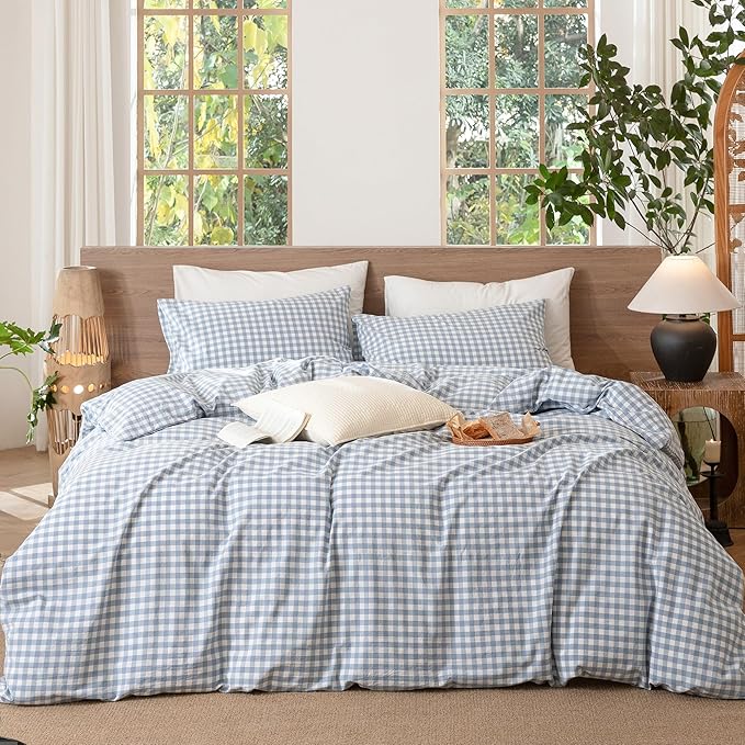 MooMee Gingham Duvet Cover Set 100% Washed Cotton Linen Like Textured Breathable Durable Soft Comfy Modern Checkered Design (Classic Gingham Cornflower Blue, Queen 90"x90")