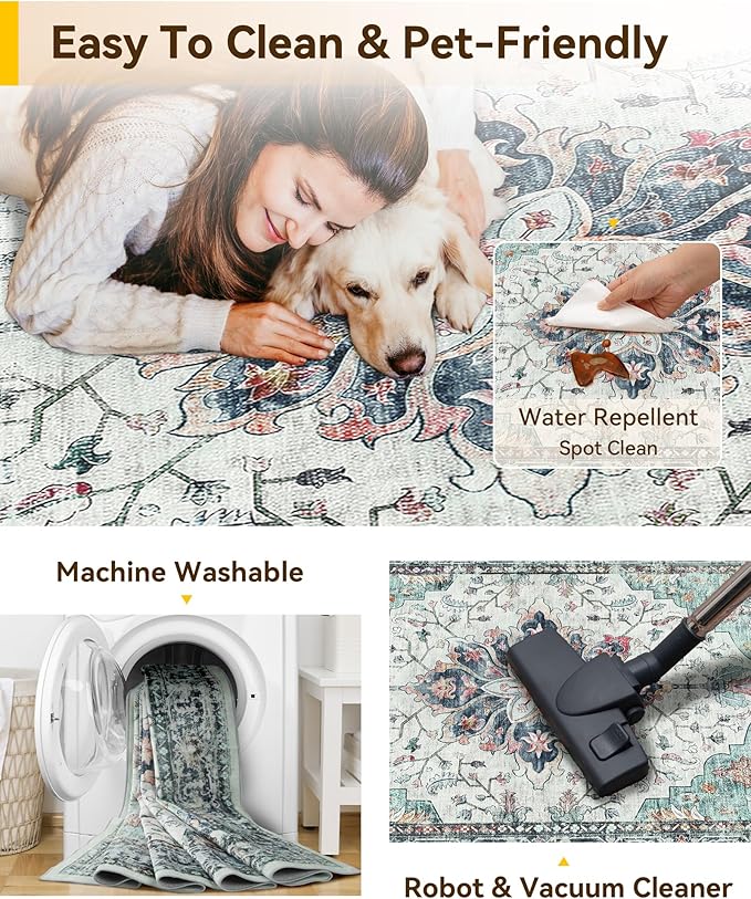 Area Rugs Square 8ft Washable Non-Slip, Floral Vintage Distress Print Pattern Medallion Carpet for Living Room Bedroom Dining Room, Green Navy Blue White Red Teal Colorful