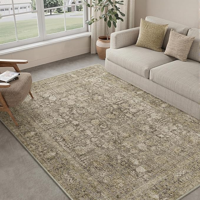 Brown Area Rug 6x9 Machine Washable Vintage Living Room Distressed Non Slip Carpet Traditional Indoor Bedroom Retro Floral Accent Throw Large Rug for Office Kitchen Dining Room