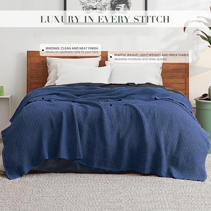 Salt Earth 100% Cotton Throw Blanket, Queen, 90"X92" Waffle Throws for Home, Bedrooms, Outdoor and Office Couch, Modern & Cozy Room Decor Blankets, Lightweight, All Season Western Blanket (Navy)
