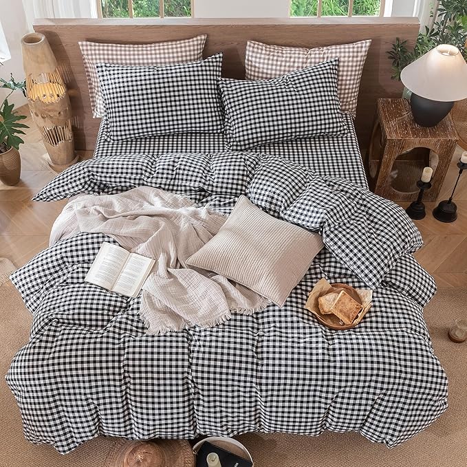 MooMee Gingham Duvet Cover Set 100% Washed Cotton Linen Like Textured Breathable Durable Soft Comfy Modern Checkered Design (Black White Gingham, Super Queen 90"x98")