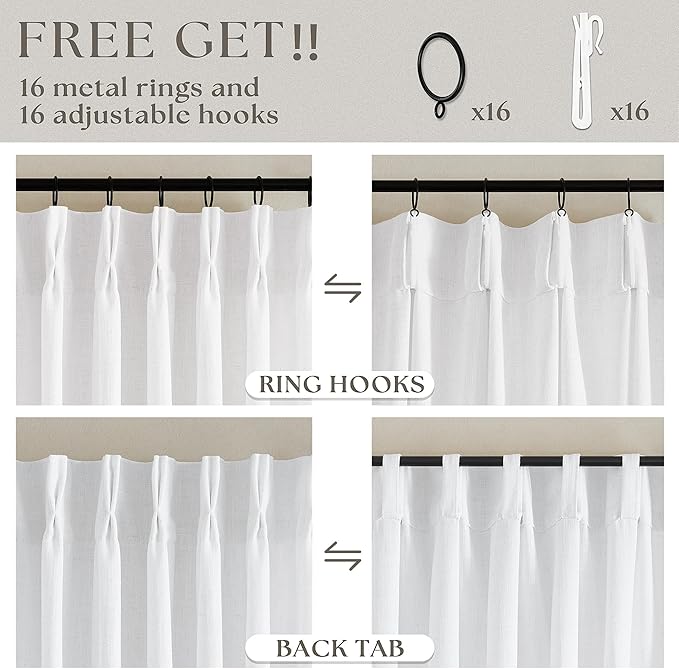 Extra Long Pinch Pleated Linen 120 Inch Curtains 2 Panels Set for Living Room Bedroom Farmhouse Snow White Cotton Linen Blend Back Tab Memory Shape Pinch Pleat Ceiling Floor Window Curtains 10 FT