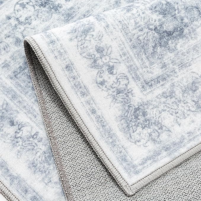 Washable Rug 8x10 Area Rug for Living Room Blue Vintage Boho Medallion Large Distressed Retro Carpet Non Slip Indoor Low Pile Small Soft Bedroom Dining Room Home Office