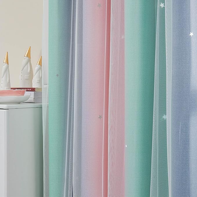 XiDi Curtains for Bedroom Decor, Rainbow Pinkgreen grey52/90