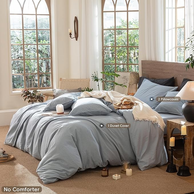 MooMee Wavy Striped Duvet Cover Set 100% Washed Cotton Linen Like Textured Breathable Durable Soft Comfy (Cornflower Blue, Oversized Queen 98"x98")