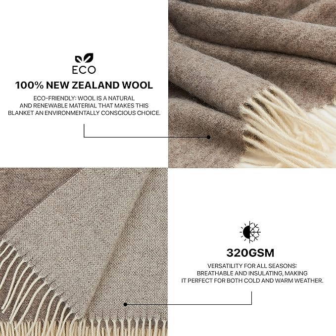 | Wool Blanket/Throw | 100% New Zealand Wool | Perfect for Home and Outdoors | Virgin Wool Throw with Fringes 67"x79" (170 x 200 cm)