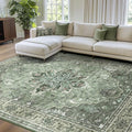 Area Rugs 7'x9' Washable Non-Slip, Floral Vintage Distress Print Pattern Medallion Carpet for Living Room Bedroom Dining Room, Dark Green Gray