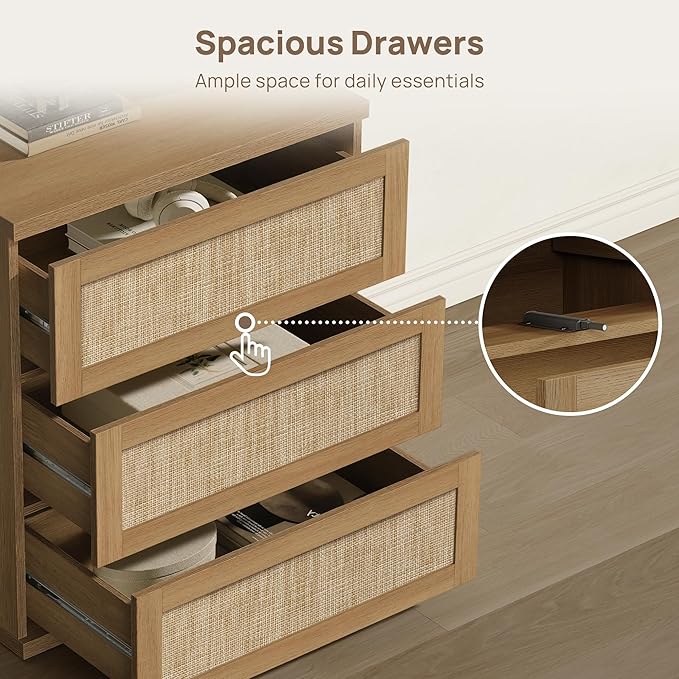 SICOTAS Dresser for Bedroom - 50" Wide 6 Drawer Dresser Rattan Dressers & Chests of Drawers Boho Drawers for Bedroom Bedside Table Clothes Large Closet Storage for Closet Hallway Entryway