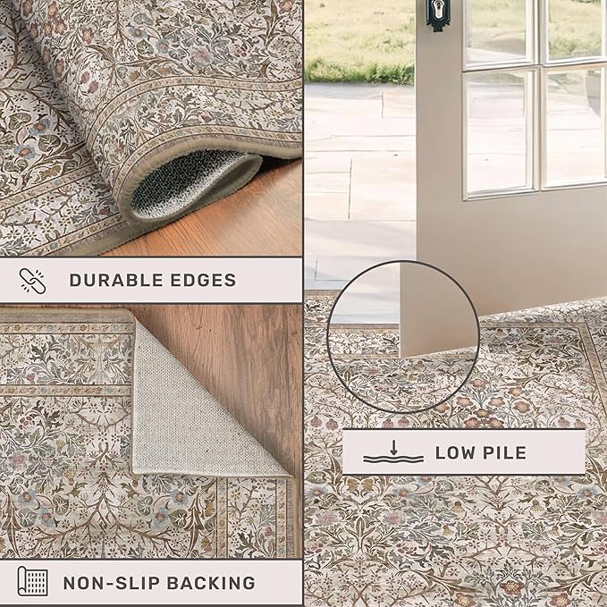 Dining Room Rugs for Under Table - 5x8 Washable Moss Green Oriental Area Rug for Living Room, Low Pile Non-Slip Floor Carpet for Bedroom - Vintage Brown Design & Stain Resistance