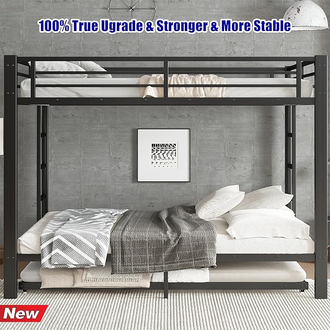 TSAMPA Latest Upgraded & Stronger Metal Bunk Bed Queen Over Queen Size, More Stable & Safer Steel Heavy Duty Bunkbed Frame with Twin Size Trundle (Queen Over Queen)