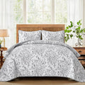 WONGS BEDDING Quilt King Size, Grey Quilt Bedding Set with 2 Pillowcases, Botanical Quilt for King Bed, Soft Microfiber Lightweight Coverlet Bedspread for All Season (110"×90", 3 Pieces)