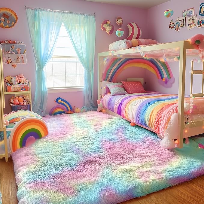 PAGISOFE Fluffy Colorful Rainbow Rugs for Bedroom Girls 5x7, Soft Unicorn Shag Cute Girls Room Rugs for Kids Playroom Living Room Nursery Home Decor, Furry Kawaii Princess Rug,Pastel Shaggy Rug Carpet