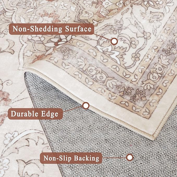 vivorug 6x9 Neutral Area Rugs, Ultra-Soft Washable Rug for Living Room Dinner Room Bedroom, Non-Slip Vintage Beige Rug, Indoor Carpet Large Area Rug