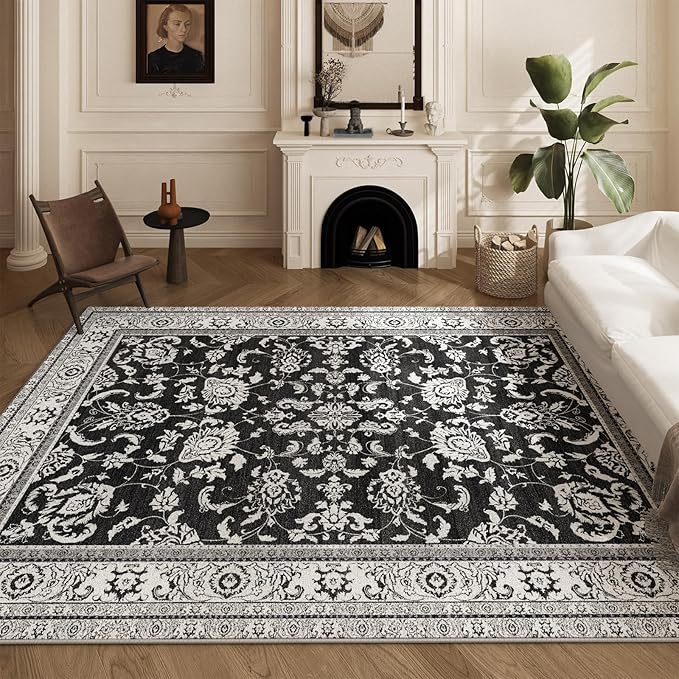 Area Rugs 8x10, Machine Washable Vintage Soft Rug for Living Room Large Rug Indoor Floor Non Slip Carpet for Bedroom Under Dining Table Home Office | Black White