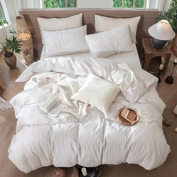 MooMee Striped Duvet Cover Set 100% Washed Cotton Linen Like Textured Breathable Durable Soft Comfy (White Orange Wide Stripes, Cal King 104"x98")